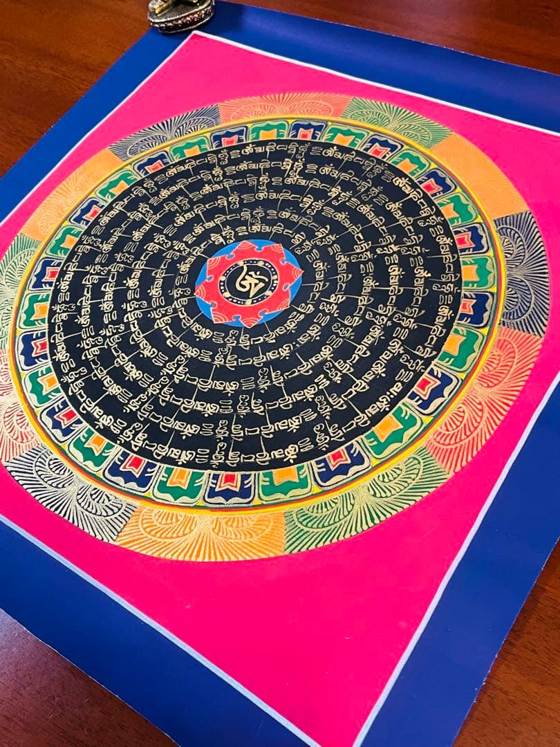 【手描き一点物】チベット密教 曼荼羅タンカ 六字真言入り／開運・護符・浄化p