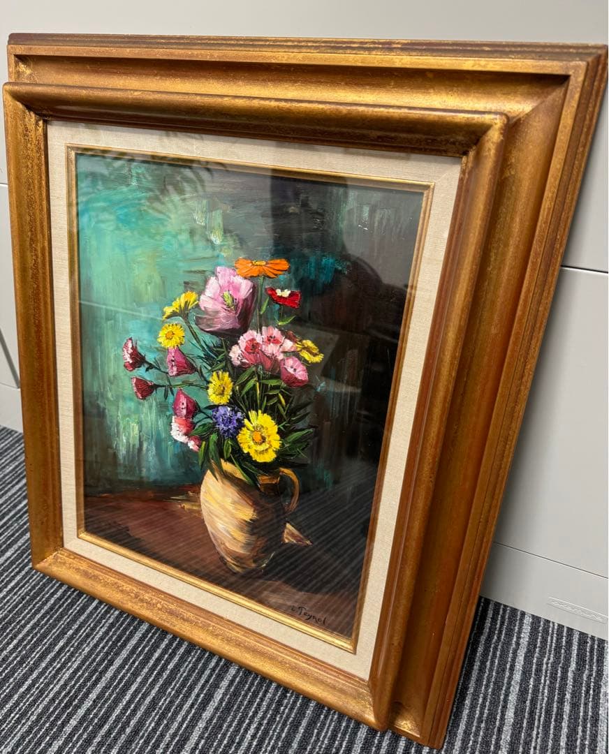 レイ　花瓶の花 油画 金色フレーム付き