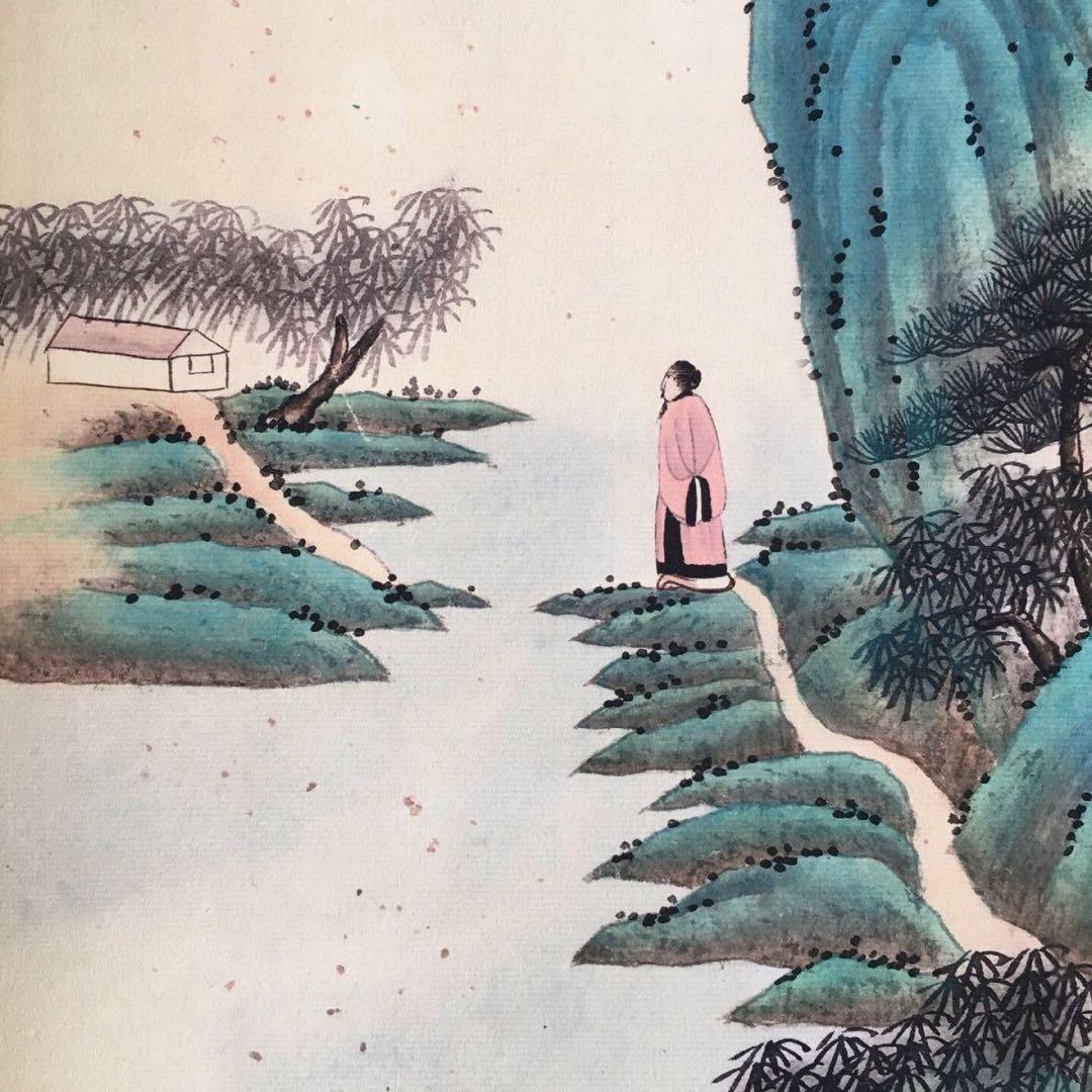 【張大千・四条屏】「水巻山岩」掛軸セット　表装済み／163×38cm