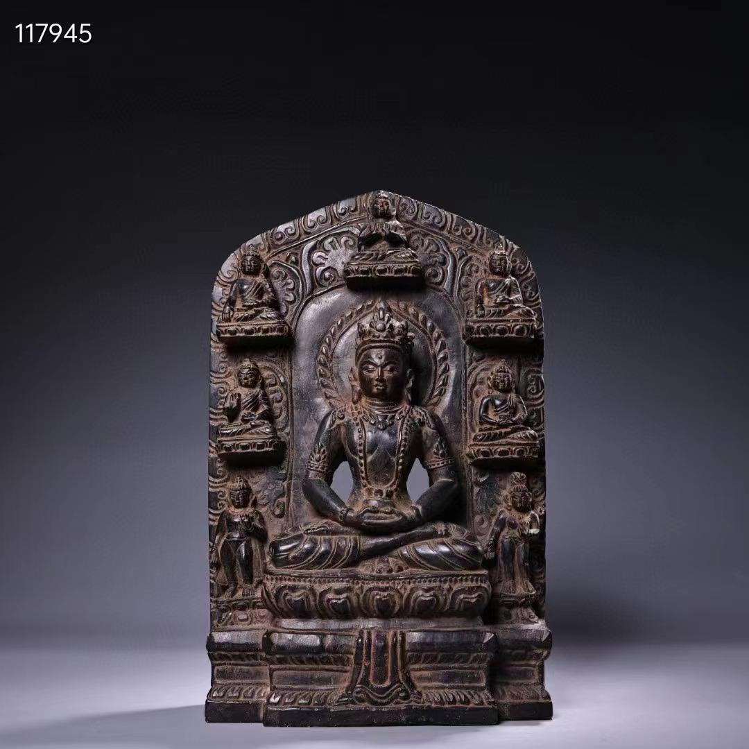 中国古美術·珍品旧蔵チベット収老純手作り高浮彫刻青石蔵伝長寿仏仏像一尊·供養仏像