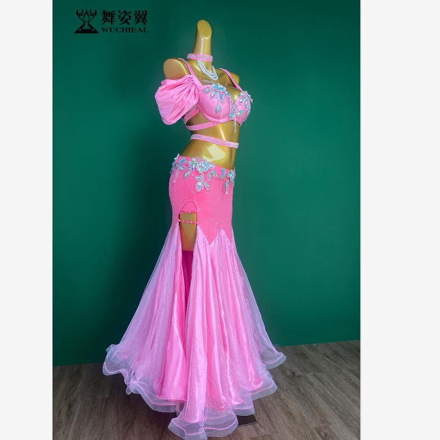 新品 ベリーダンス 衣装 ブラ スカート セット オリエンタル 紫ピンク