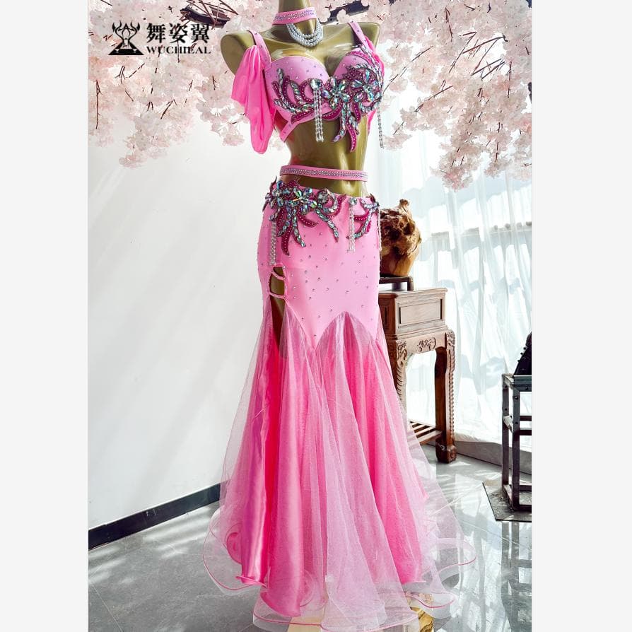 新品 ベリーダンス 衣装 ブラ スカート セット オリエンタル 紫ピンク