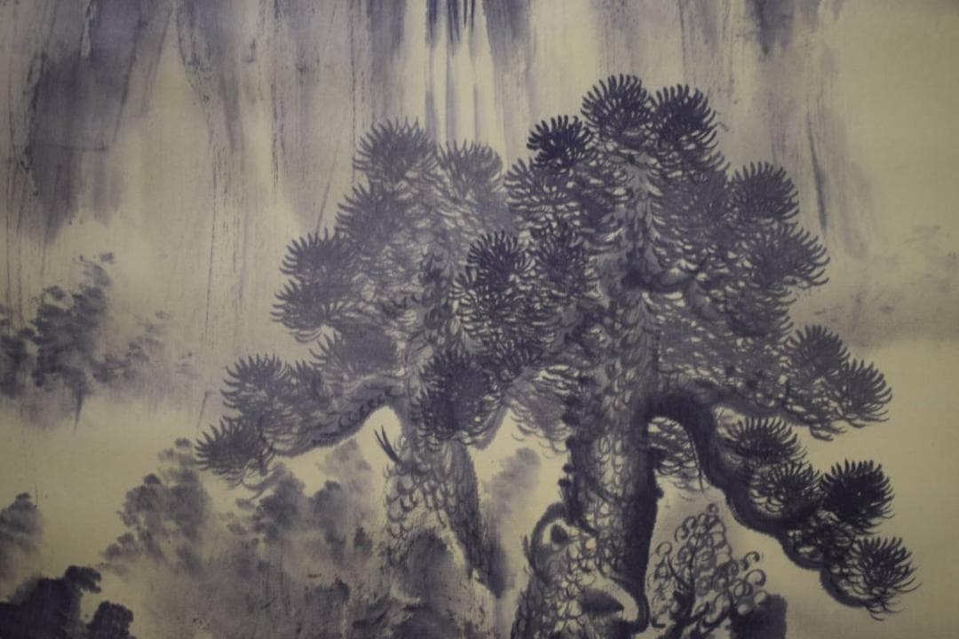 真作/龍峯/水村煙景色図/山水釣人図/中国画/布袋屋掛軸HJ-132