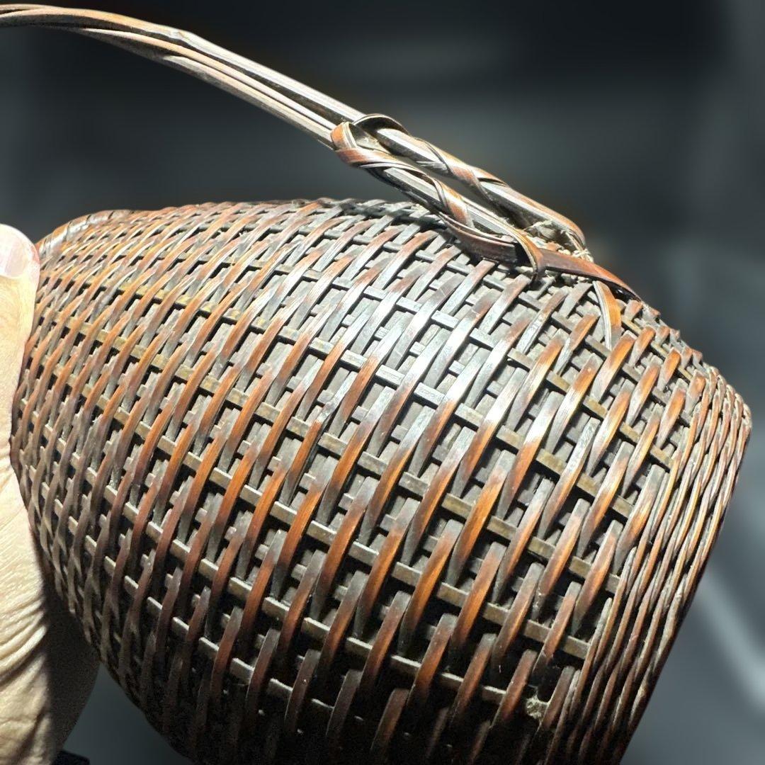 茶道具 竹編 手付花入 花籠 岩尾豊南 花器 竹製編み込みデザインかご