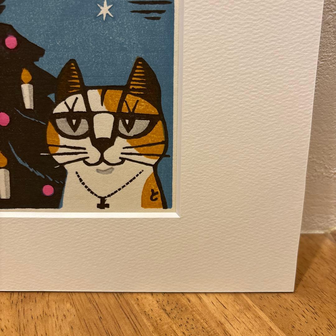 稲垣知雄　木版画　「Cat and Christmas Tree」