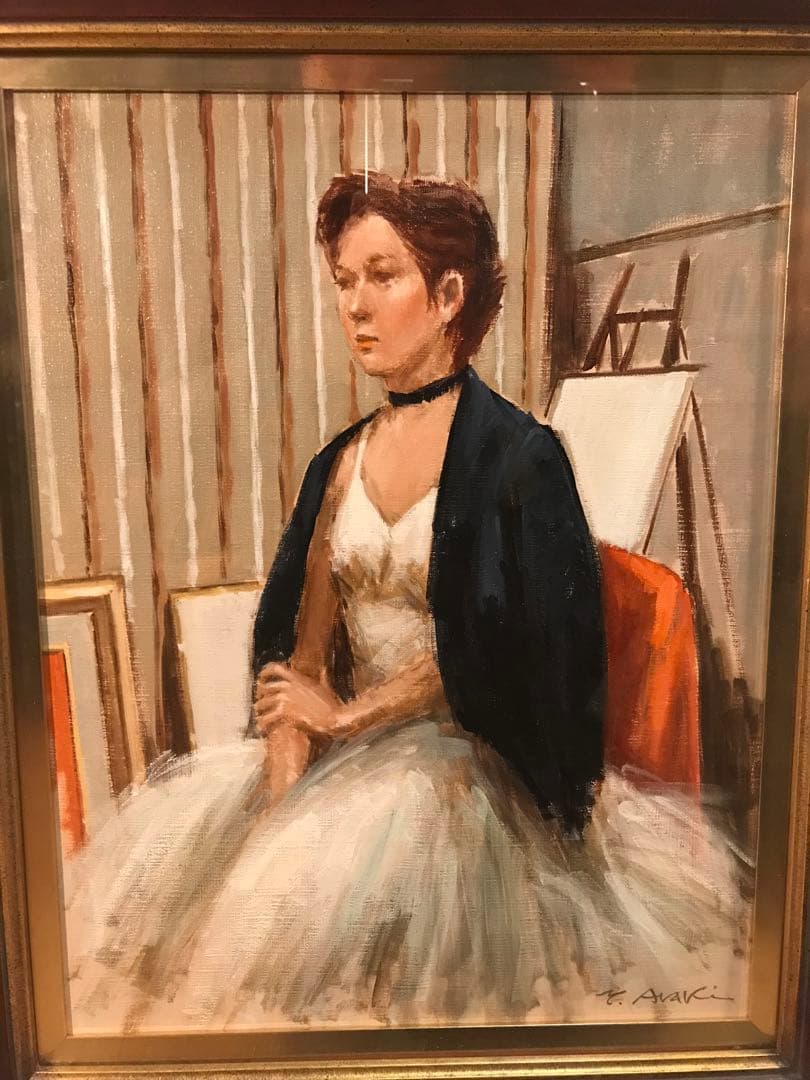 荒木義太郎「アトリエの中のバレリーナ」油彩Ｆ６号　画面右下額裏に直筆サイン有り