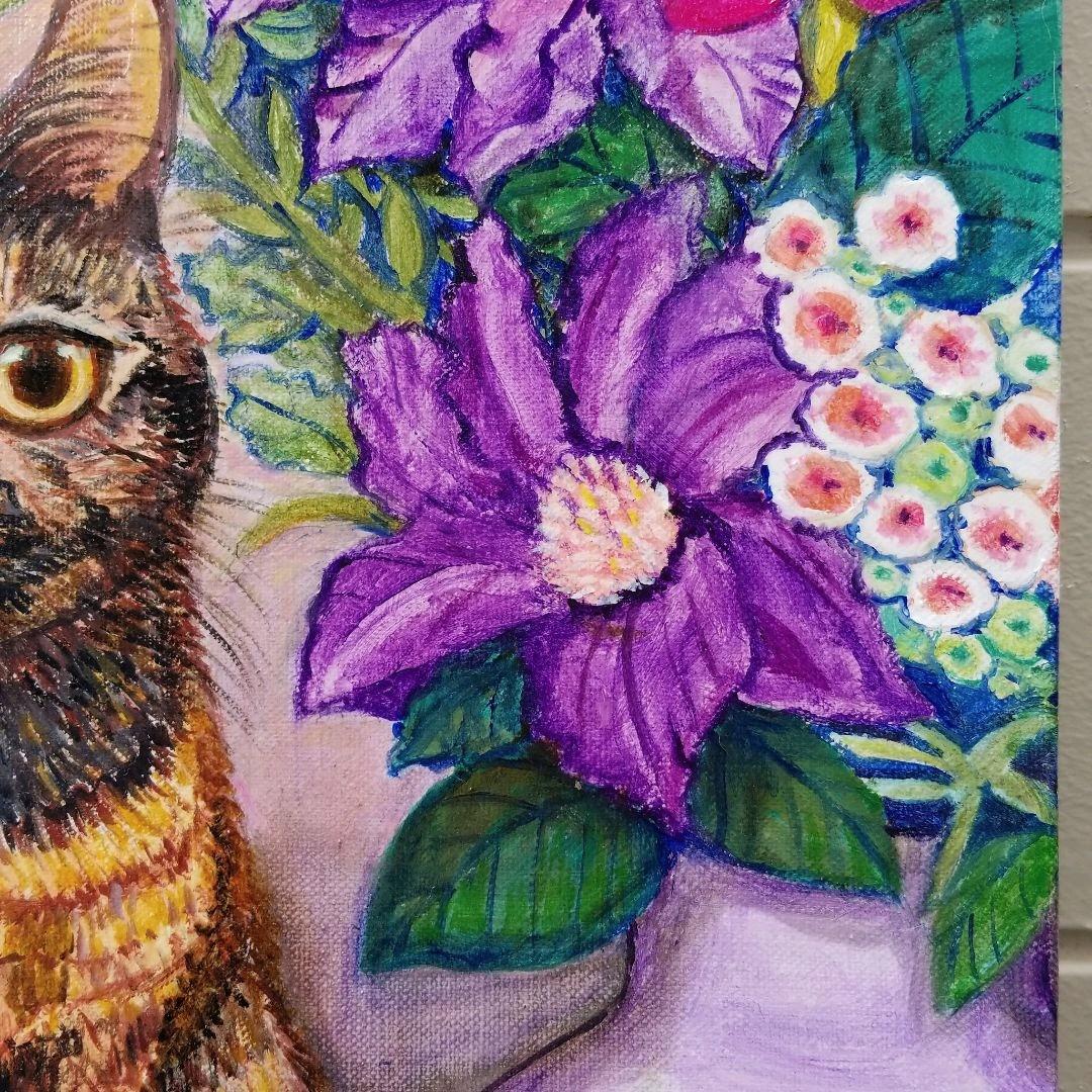 キャンバス油絵　キラ確認　お花と並んでおすまし華ちゃん