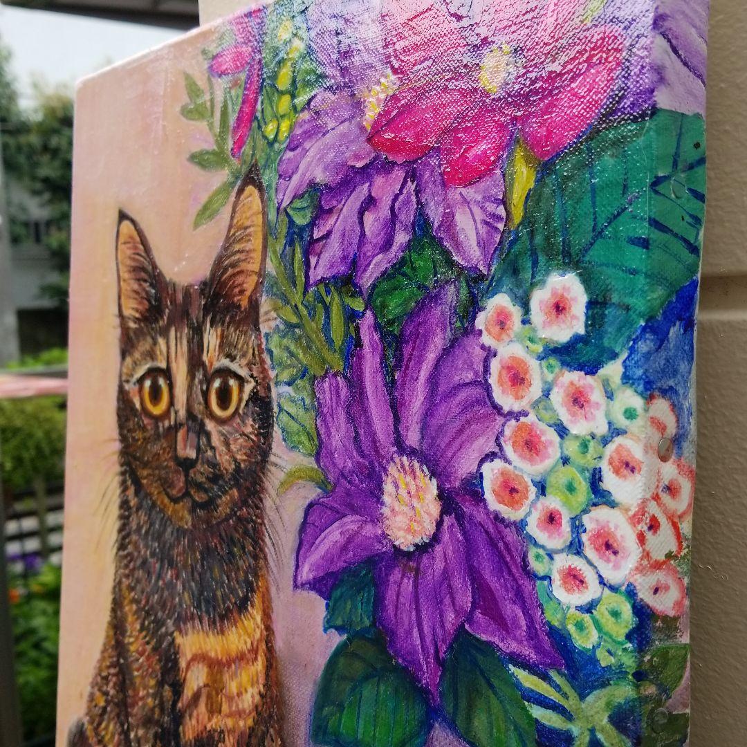 キャンバス油絵　キラ確認　お花と並んでおすまし華ちゃん