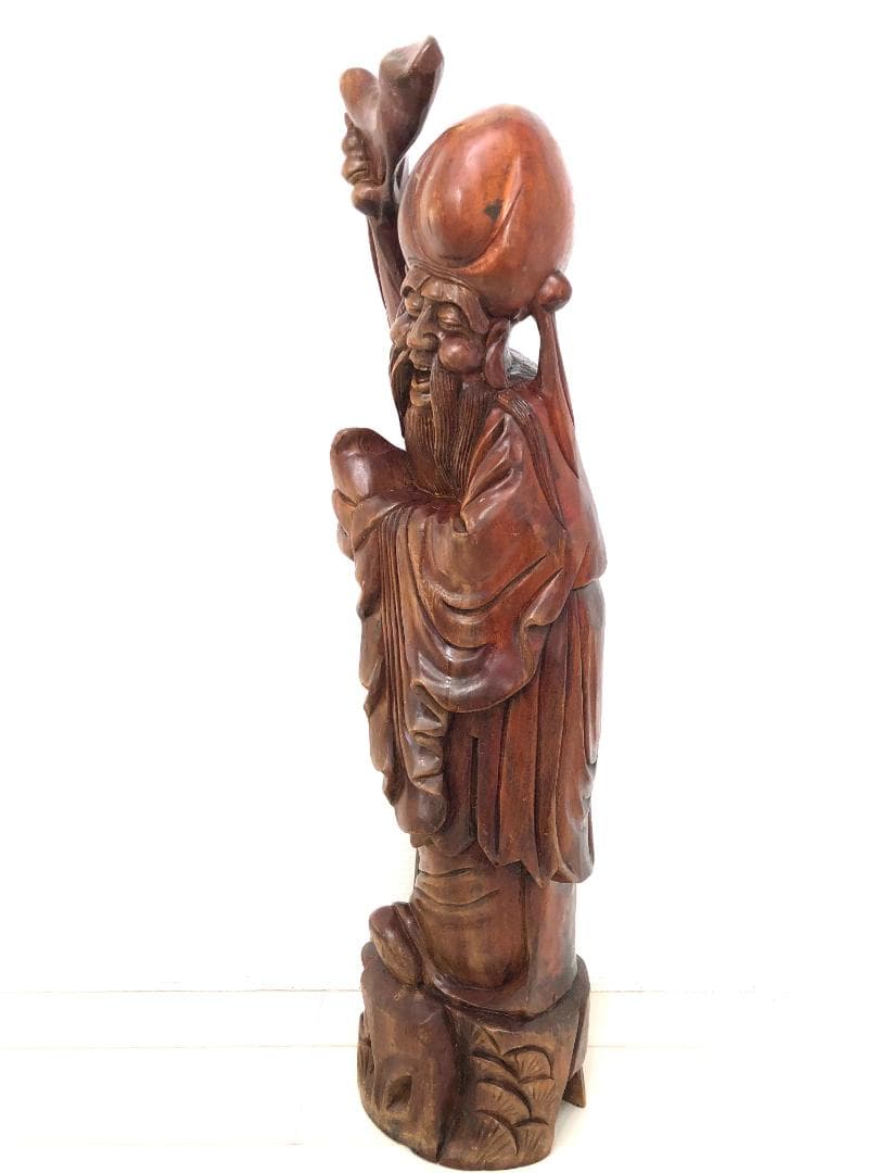 【骨董】特大 高さ106㎝ 福禄寿 木彫り 一刀彫り 高級 紫檀 置物 縁起物