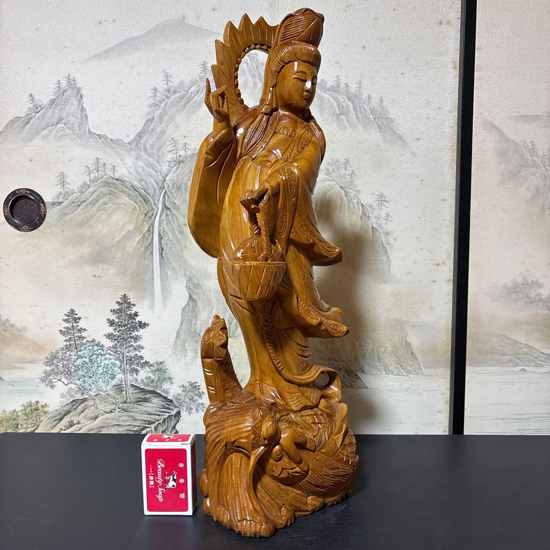 大型 龍乗り　観音菩薩 木彫　仏像 彫刻　開運　風水　置物　縁起物　インテリア