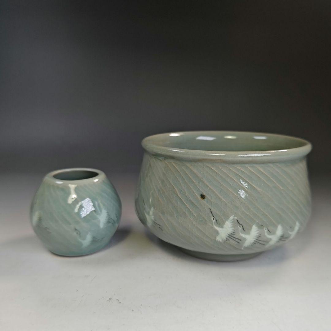 イ892 皆具『東國窯作』『韓国青磁鶴象嵌文　皆具　共箱』茶道具