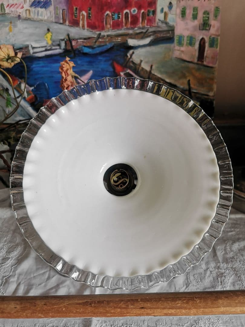 アンティーク フランス 透明＆ミルクガラスフリル シーリングランプ＆レースセット