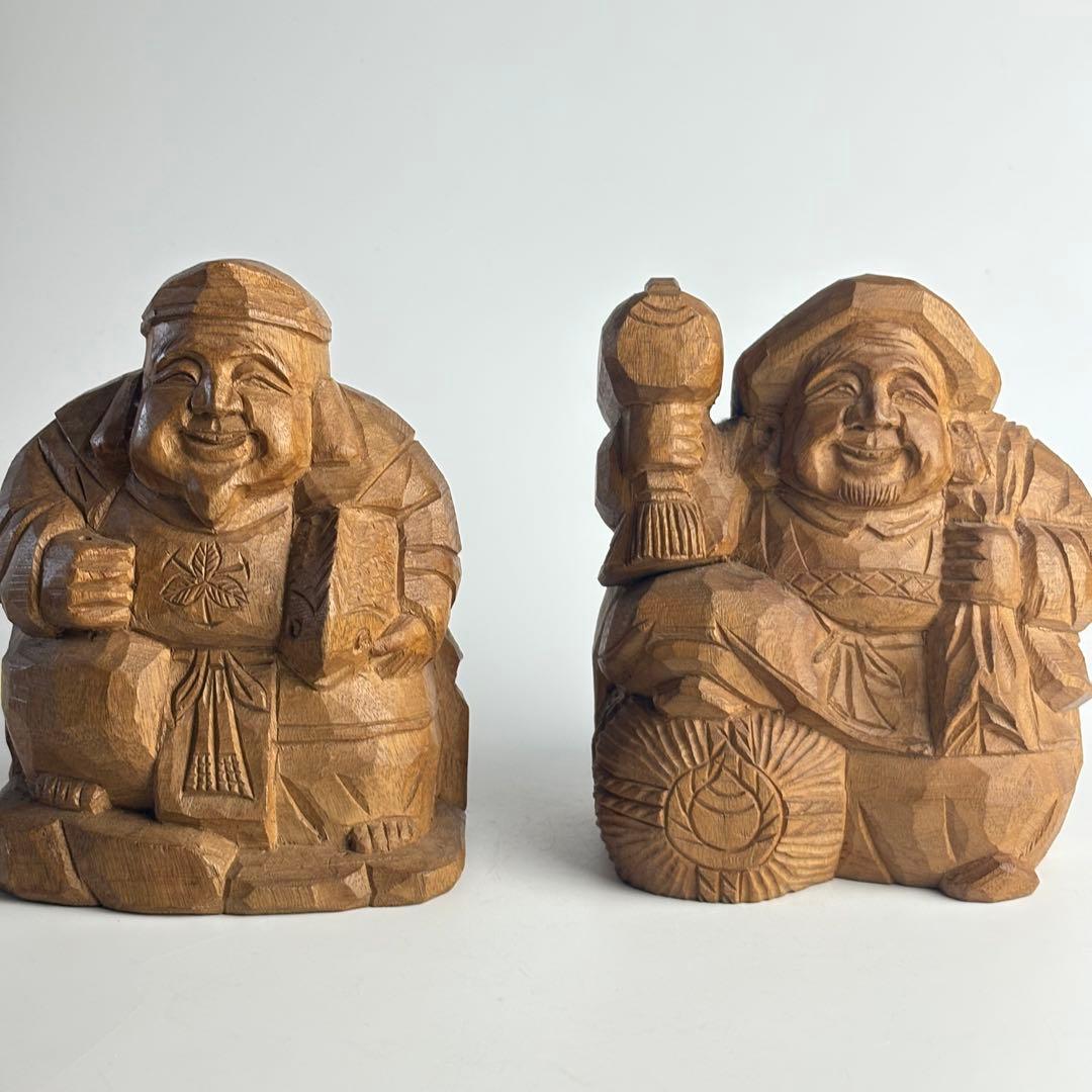 木彫 大黒天 恵比寿 骨董 象信 在銘 木彫り