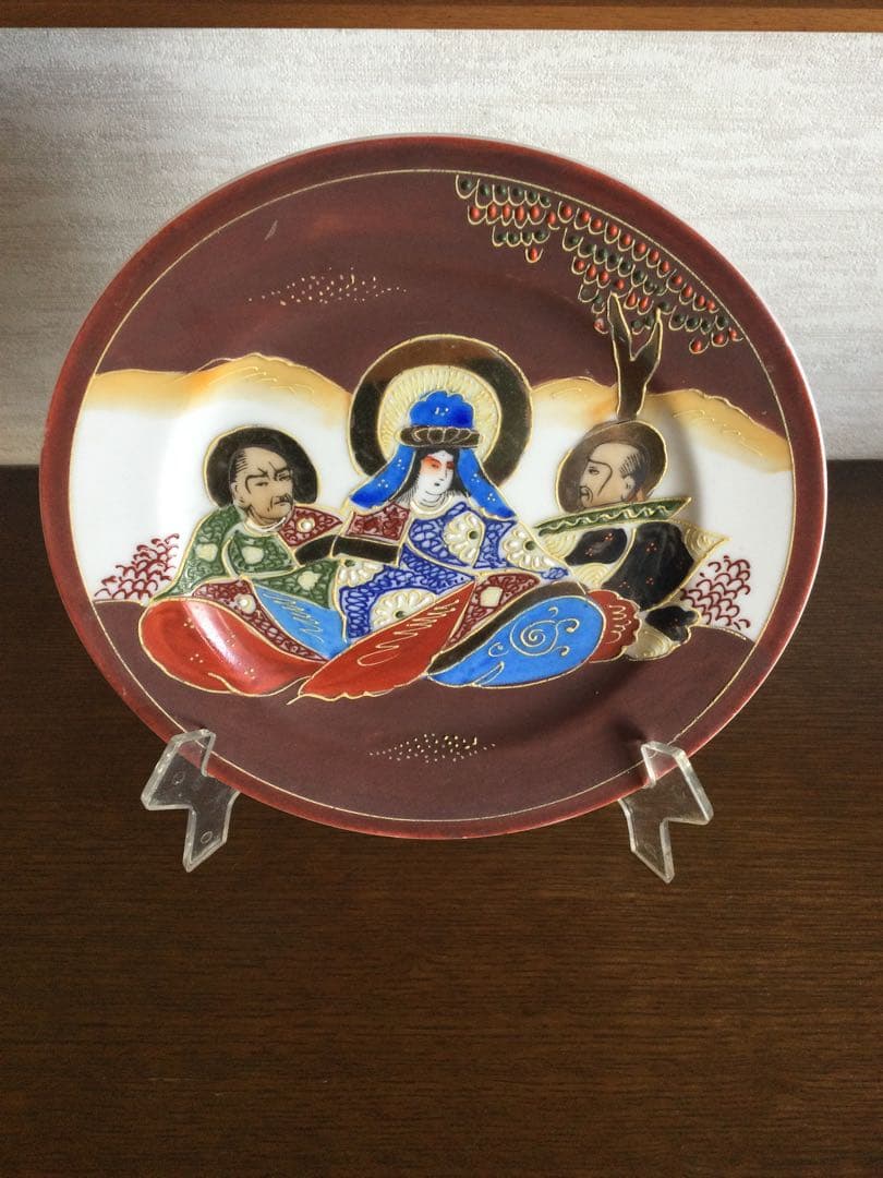 レア　古薩摩　金襴手色絵金彩飾り皿 明治骨董 手描き細密絵付皿　オキュパイド