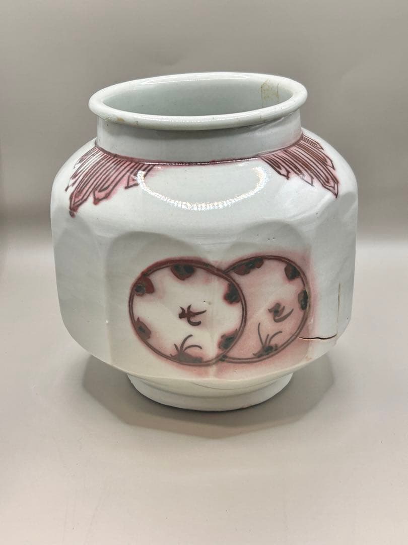 白磁辰砂鳥文面取壺　壺　アンティーク　李朝