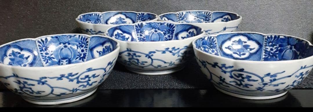 【最上作品❗️】江戸時代中期　元禄～享保　藍柿右衛門　染付　花の図　輪花皿　5客