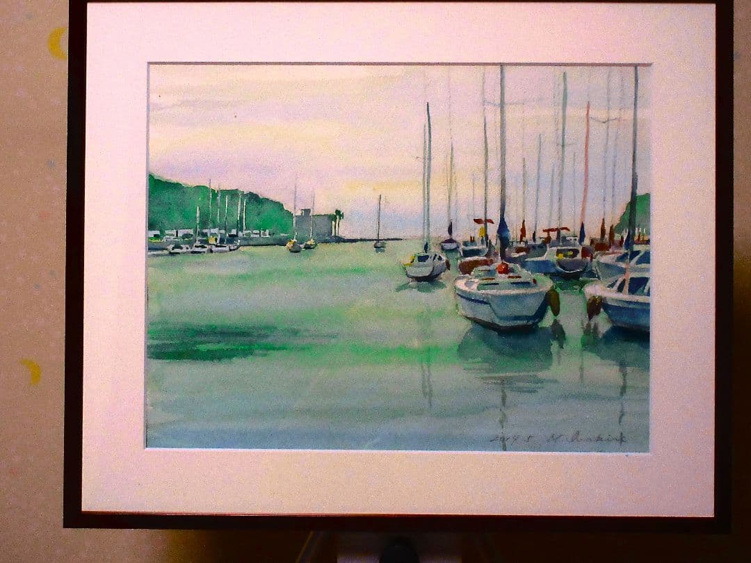 諸磯湾のヨット風景 (水彩画 額装済み)