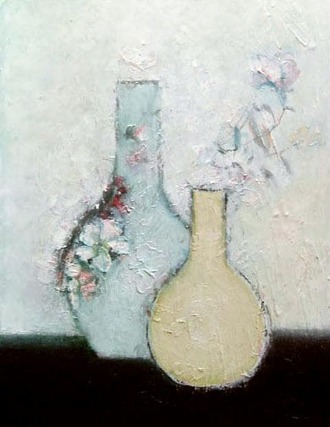 油絵 菅家令子 絵 絵画インテリア額付(青緑＋金色の枠)uF6-111102花瓶