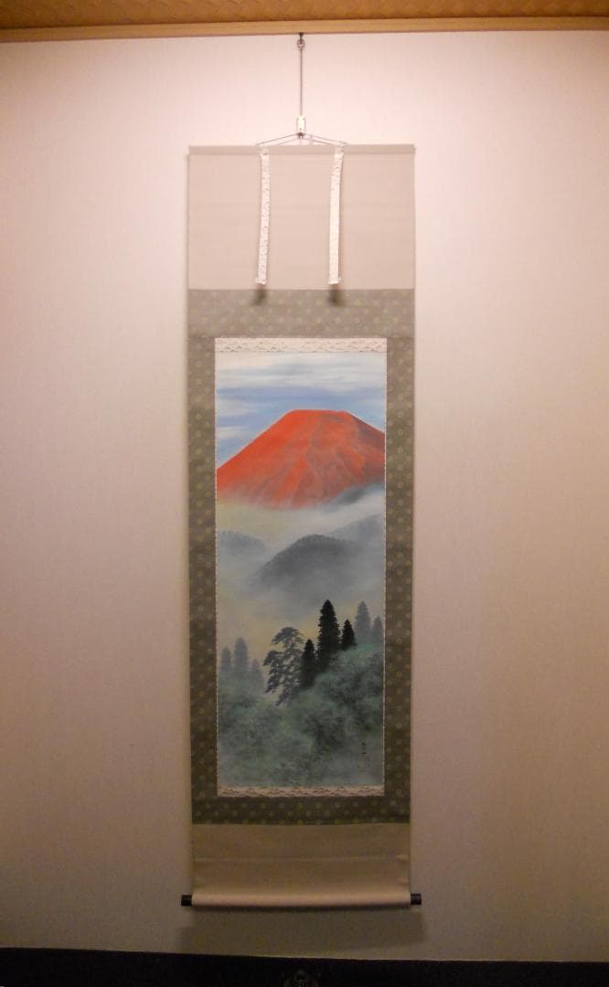 掛け軸 清水栄一 赤富士之図 絹本 希少 軸装 茶道具 掛軸 二重箱 美品 です