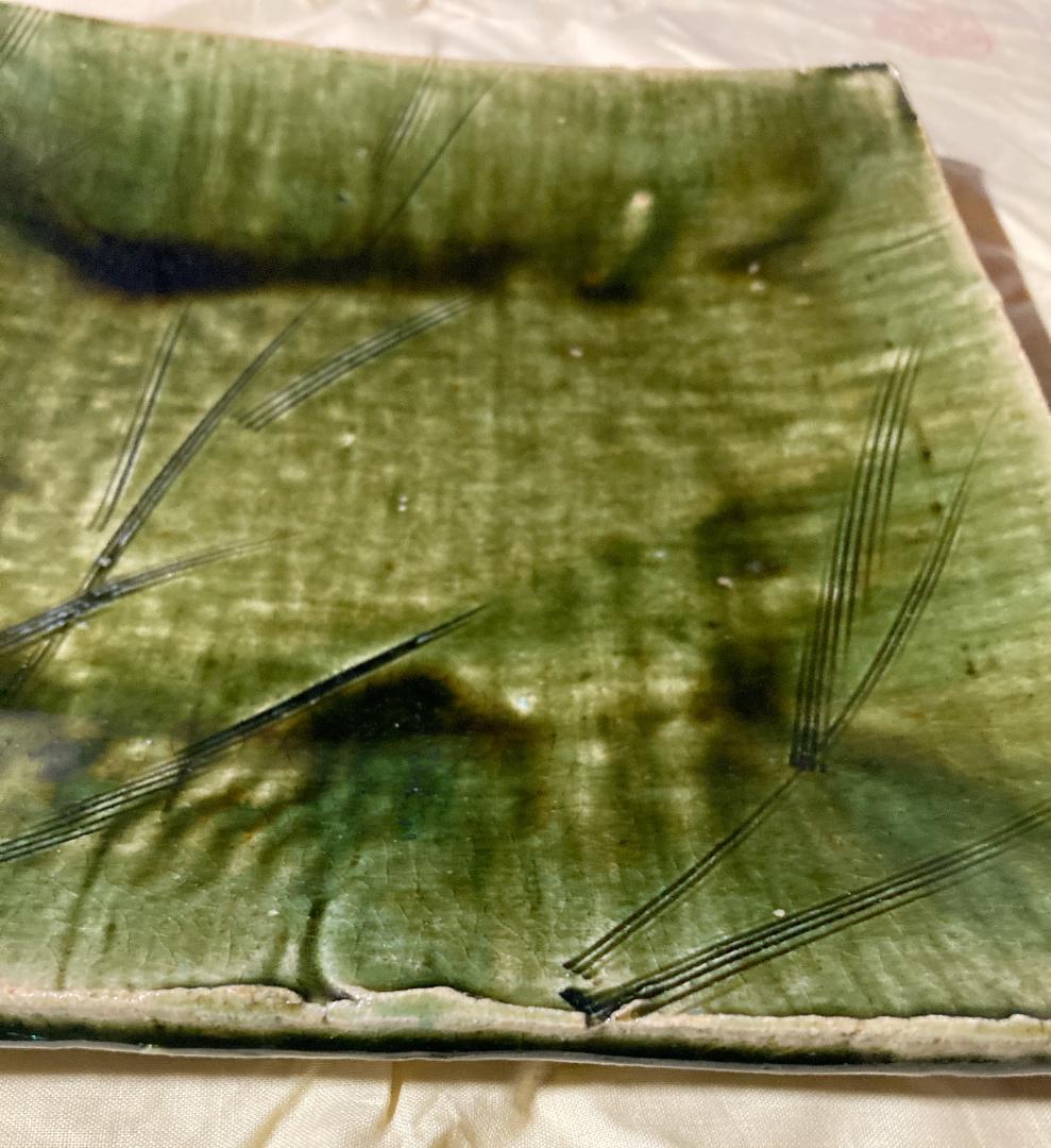 【値下げ】【真作保証】 瀧口喜兵爾 織部 四方皿 共箱・共布