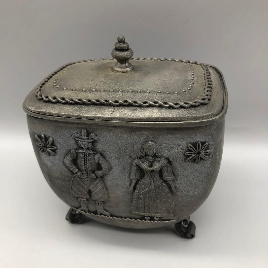 アンティークAntik SKS Zinnドイツ製すず錫ピューター蓋付き小物入れ