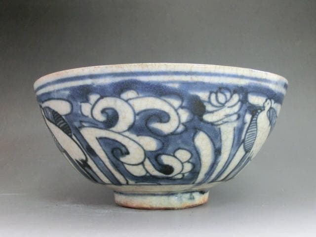 茶碗■鉢 古い染付 鷺（さぎ） 花唐草 お茶道具 菓子器 古玩 時代物 骨董品■