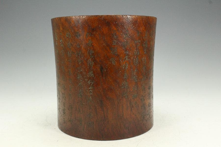 中国美術 木彫 刻文字 筆筒 文房具(K-A829)
