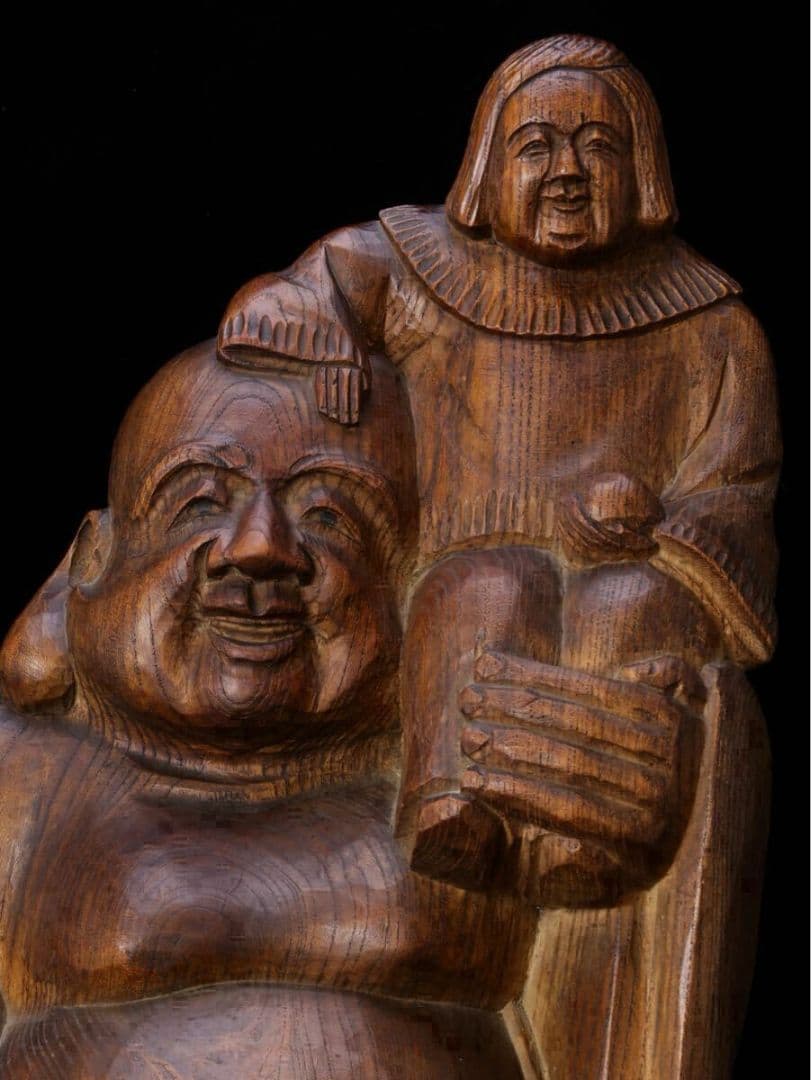 【越後出雲崎の名工・楽意 米眞作】木彫「童子布袋尊像」 高さ45cm 置物