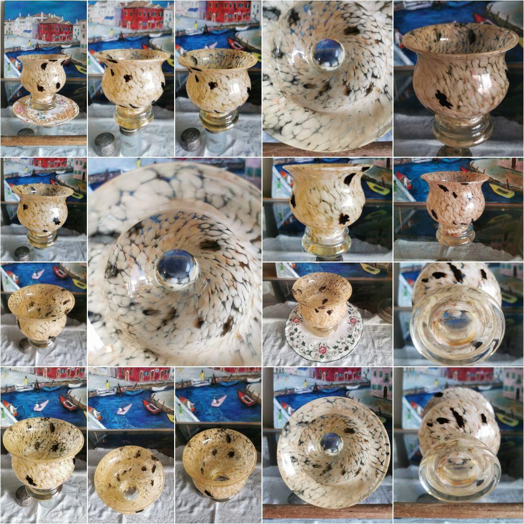 アンティーク ヴェネチアンガラス アンバー＆白＆鼈甲色＆金粉 工房物ラージベース