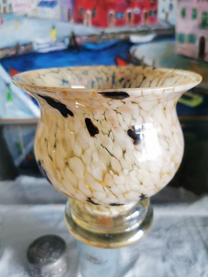 アンティーク ヴェネチアンガラス アンバー＆白＆鼈甲色＆金粉 工房物ラージベース
