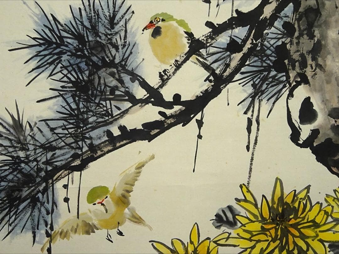 掛軸 2本セット 胡健華『花鳥図』中国画 紙本 肉筆 掛け軸