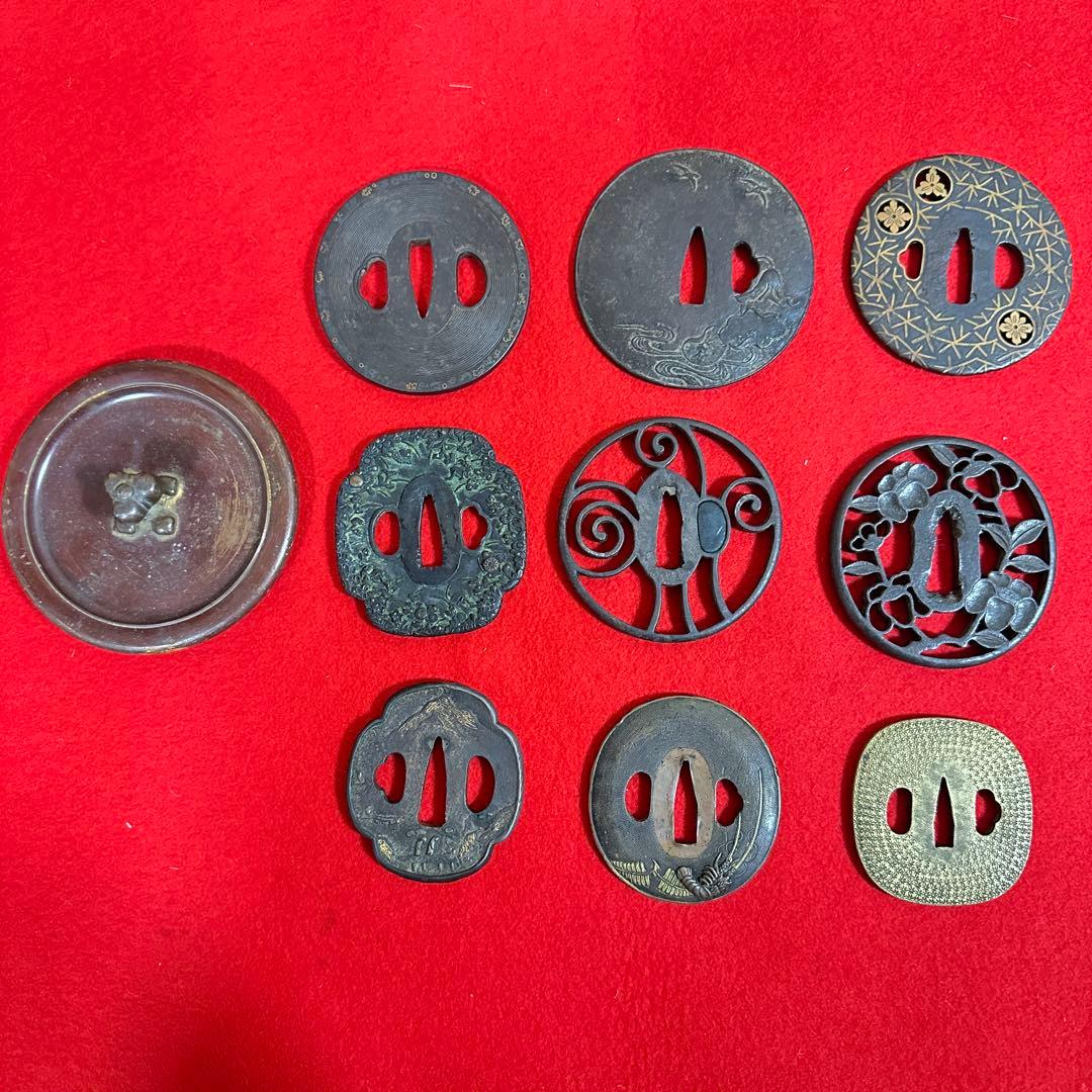 鉄地　金象嵌刀装具 鍔 刀鍔 骨董品 鉄地 鐔 武具　鉄瓶蓋 10個セット