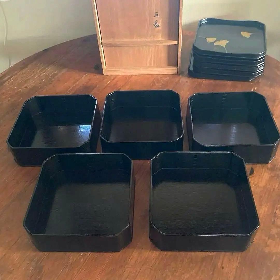 輪島塗　松華堂　山崖宗陽　蒔絵銀杏　黒塗　縁高重　五客セット