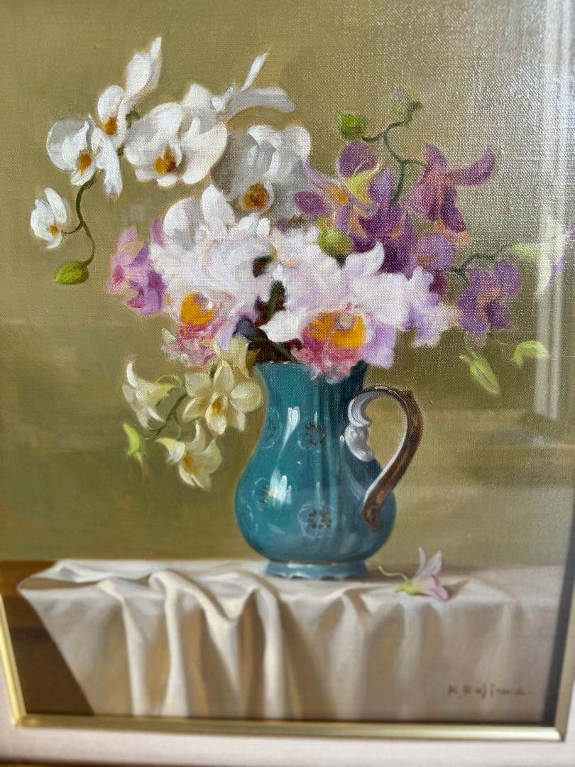 蘭　K. Kojima 油彩画 花瓶の花 金色フレーム　小島　光
