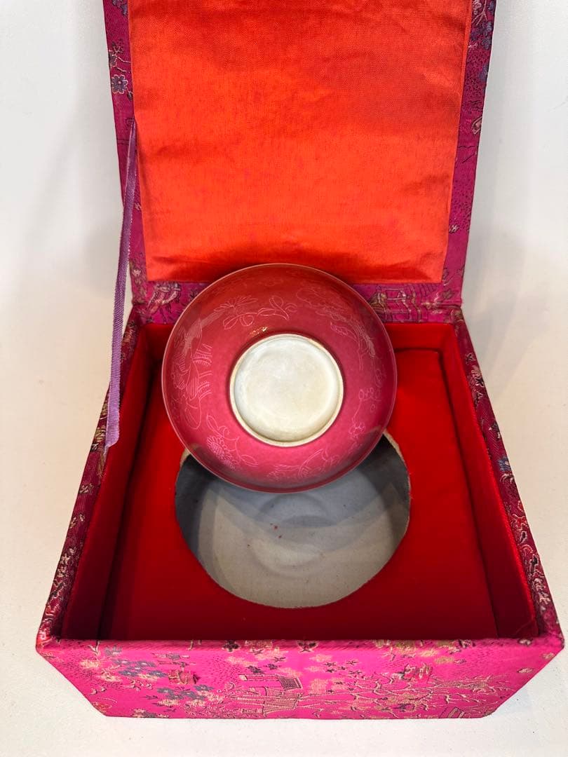 玫紅釉 粉釉 花卉文 碗　荷花・向日葵・牡丹文　中国古美術　時代物　錦箱付