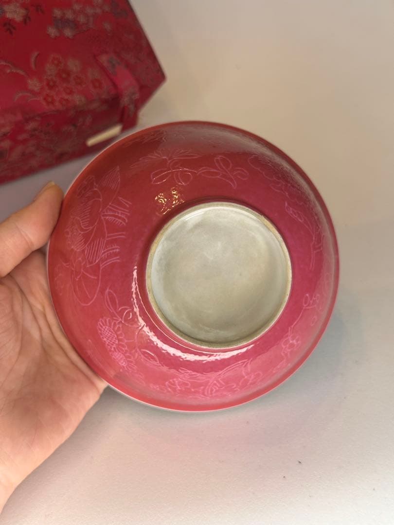 玫紅釉 粉釉 花卉文 碗　荷花・向日葵・牡丹文　中国古美術　時代物　錦箱付