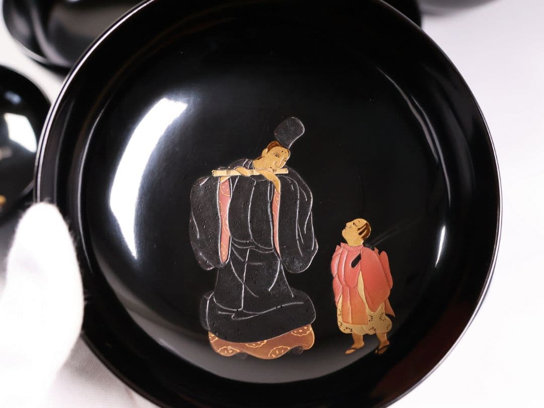 【MB197】輪島塗 天然木漆塗 黒塗椀 五客 蒔絵 大和絵 源氏絵 人物 昭和