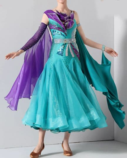 オーダーメイド　社交ダンス衣装　スタンダードドレス　パーティー ターコイズ