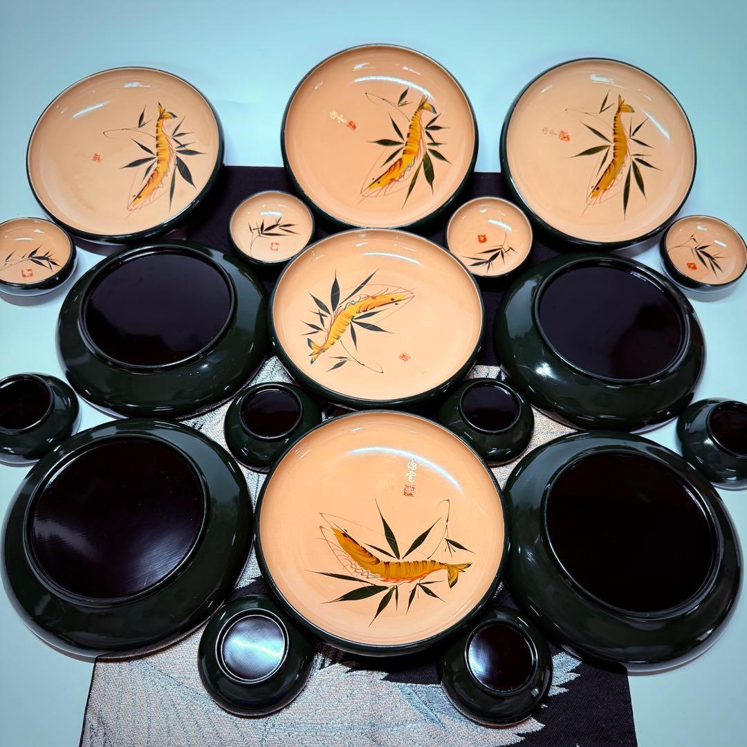 希少漆器　輪島塗　木製　溜塗　生盛　皿　小钵　中皿9客&豆皿10客