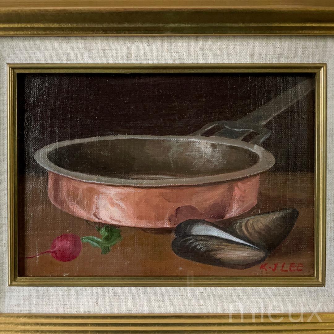 李景朝「フライパン」油彩 油絵 額付 サイン入り 中古 美品