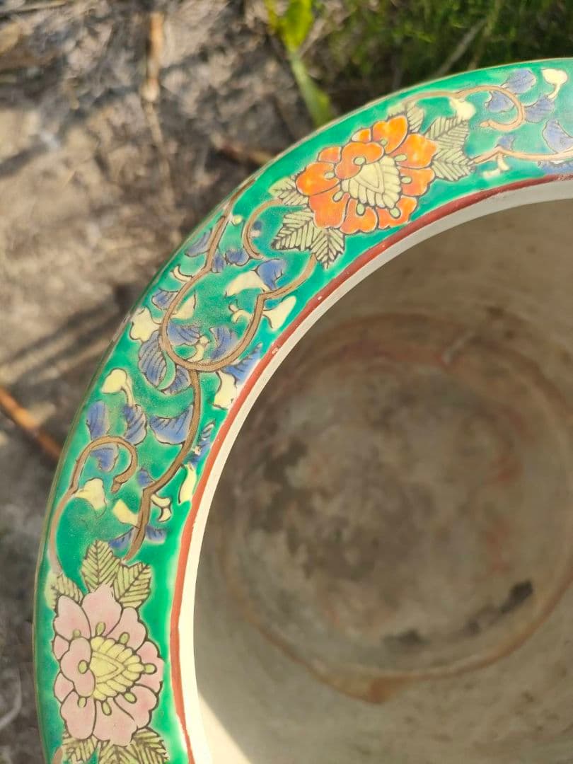 ★色絵 金襴手 火鉢　手焙 兎 孔雀 花鳥山水文 　古具　アンティーク