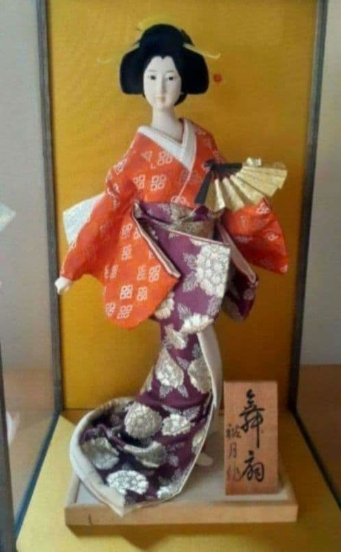 日本人形 舞扇 ガラスケース付き 昭和アンティーク雑貨インテリア 芸子 日本舞踊