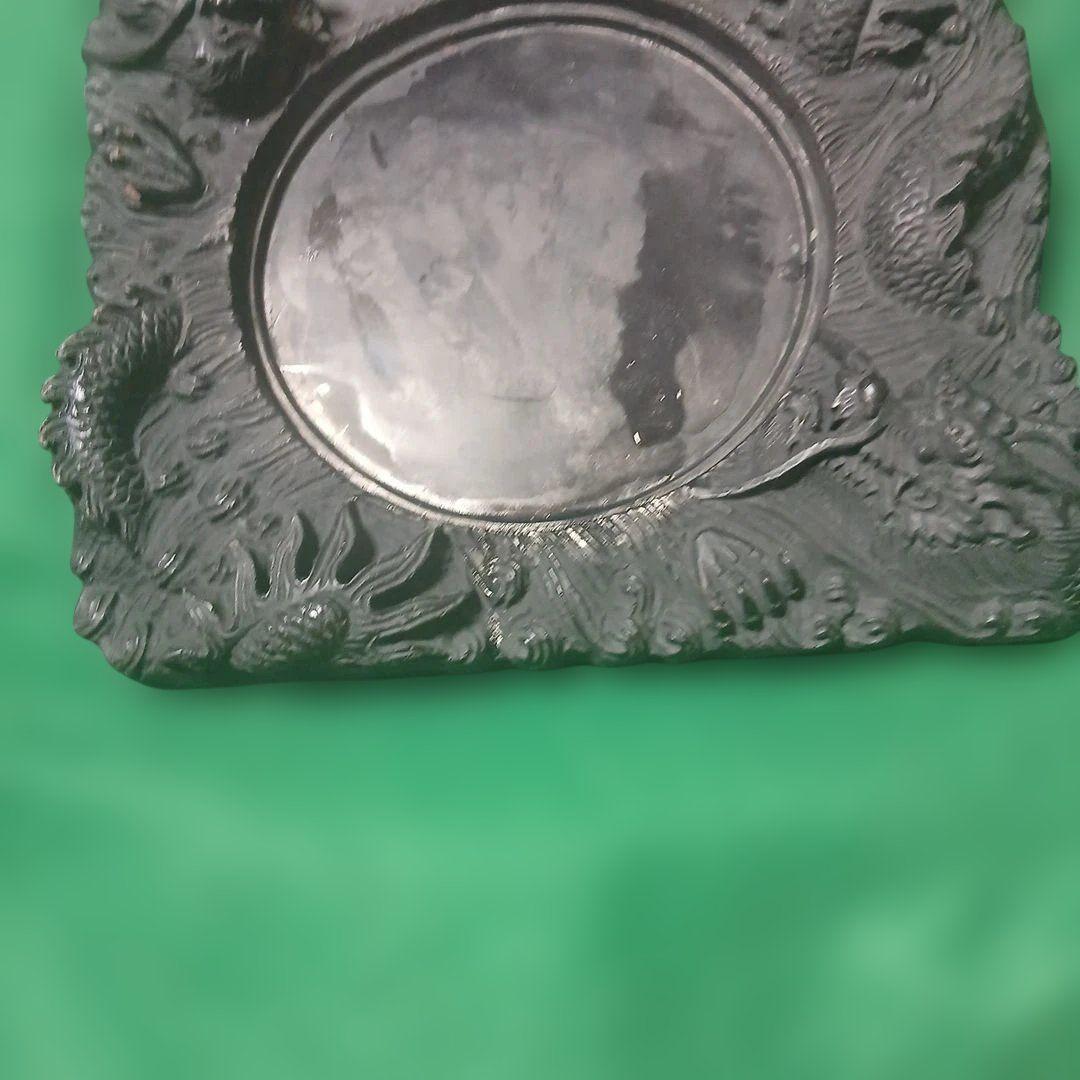 中国端渓麻子坑？の天然硯、素晴らしく迫力ある雲龍の彫刻、裏面に由来？の碑文あり