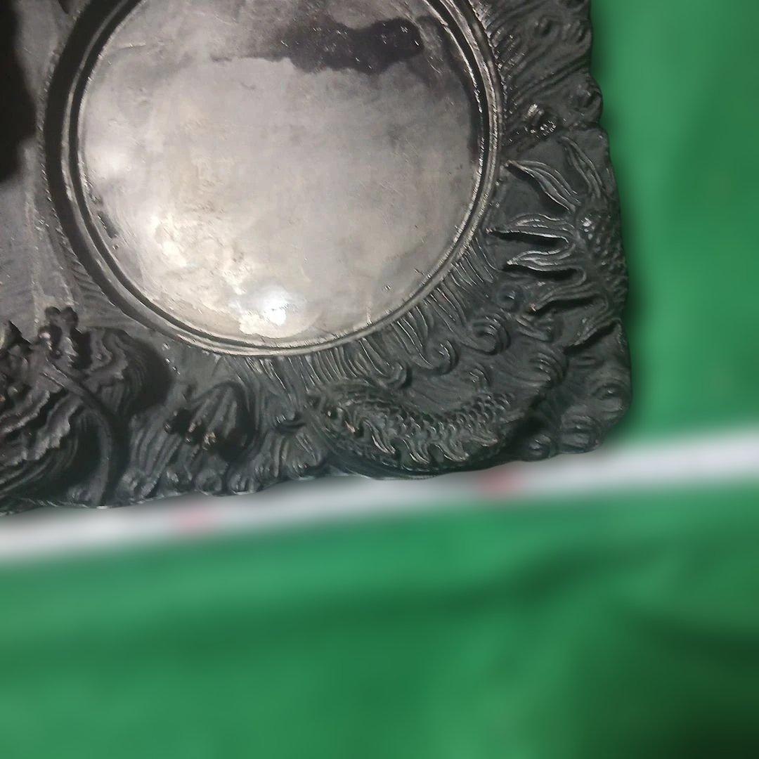 中国端渓麻子坑？の天然硯、素晴らしく迫力ある雲龍の彫刻、裏面に由来？の碑文あり