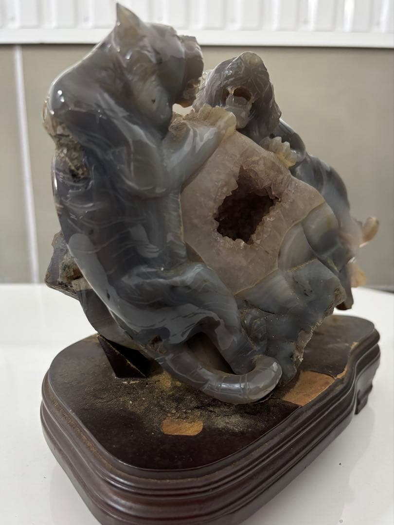 瑪瑙 双虎彫刻置物 希少 中国