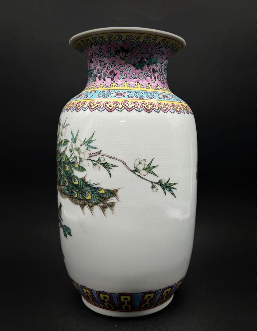 中國美術 景德鎮製 花鳥詩文紋樣花瓶 花器　花入 珍禽栩栩枝间舞