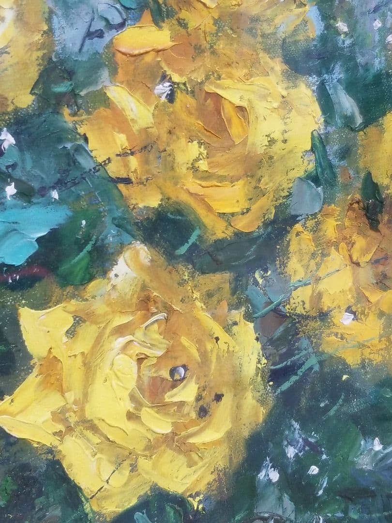 窓辺の薔薇 堀哲夫 黄色のバラの油彩画 大作