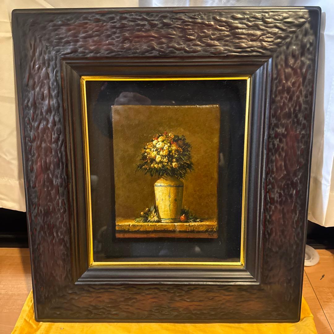 油彩画 原画 鍋島正一 白い花 0号 三越美術選品会出品作品 額装付き 静物画