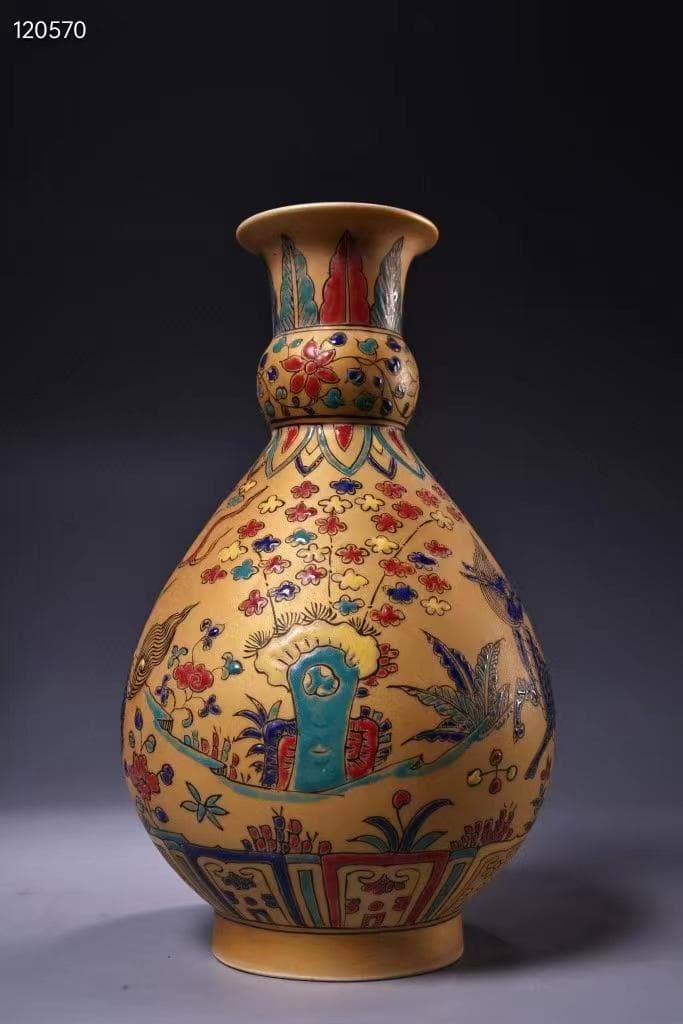 中国古美術・純手描き金陶花瓶・大明成化紋・箱付き・稀有品・ 置物・観賞瓶・文房具