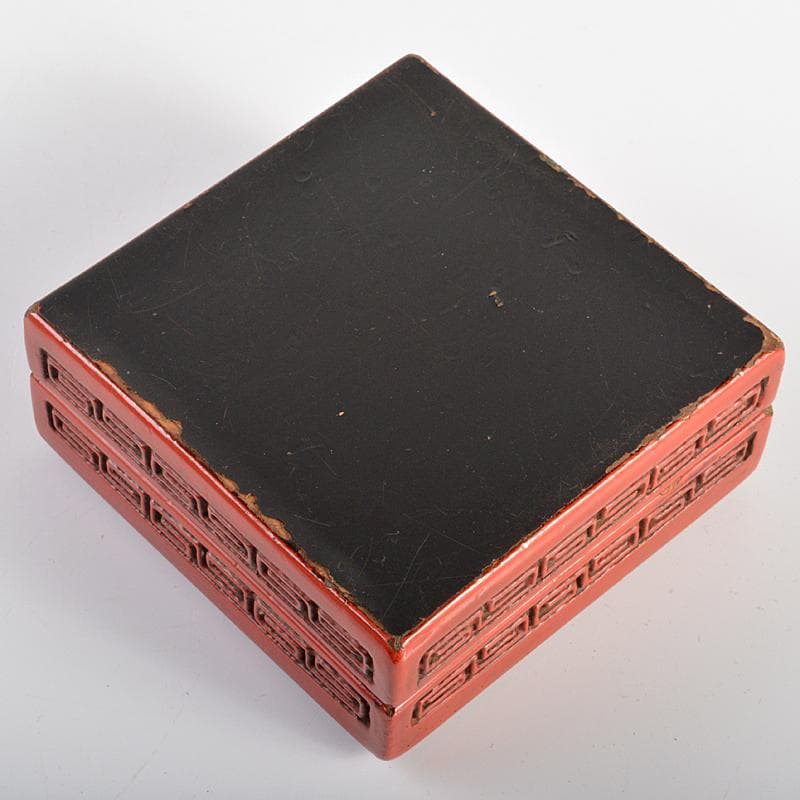 中国　剔紅　堆朱　山水文　四方香合　合わせ箱　M　R7056